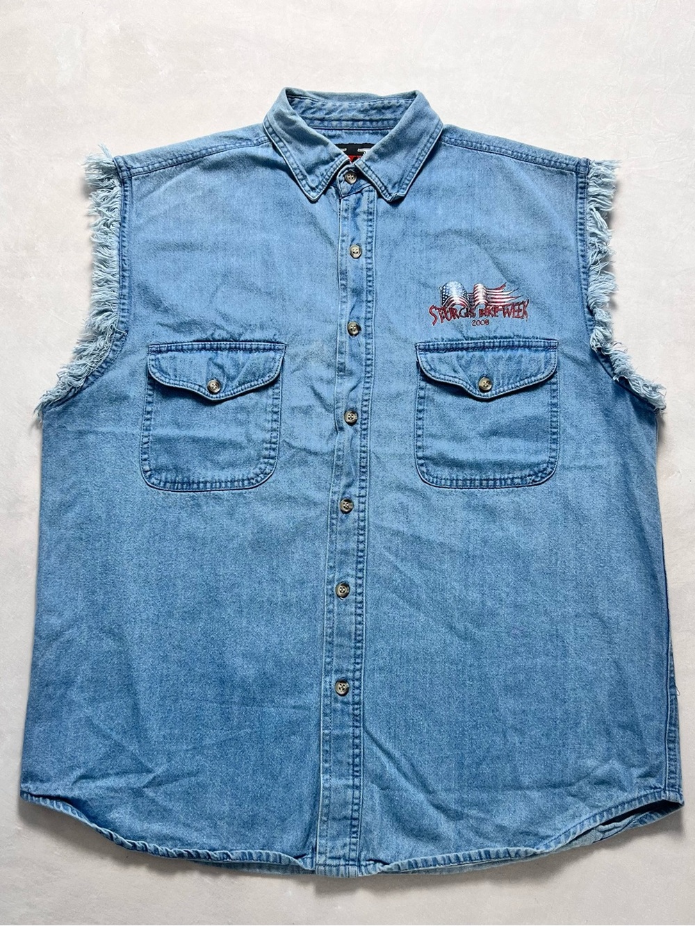 Vintage Sturgis Motorcycle Denim Vest 2008 V-Twin Biker Sleeveless Shirt Men M